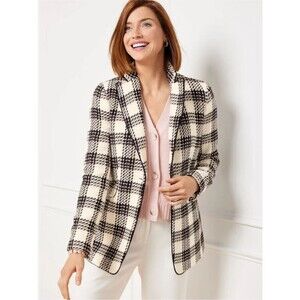 Talbots LAKE TWEED BLAZER Black White Pink Plaid preppy Single-Button jacket 6